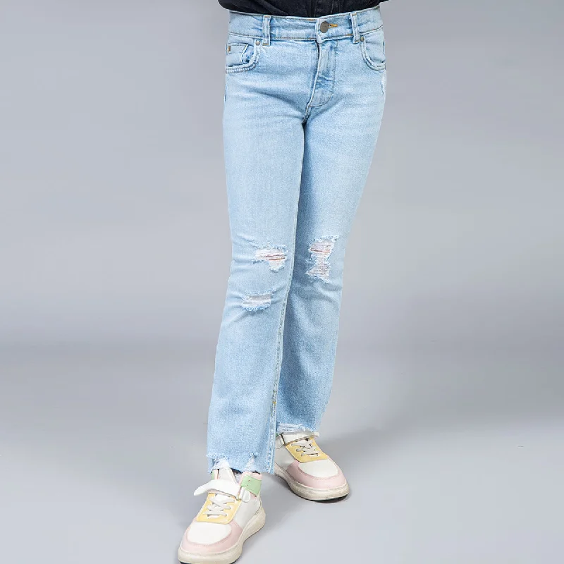 Denim Ripped Flare Jeans (Light Blue)