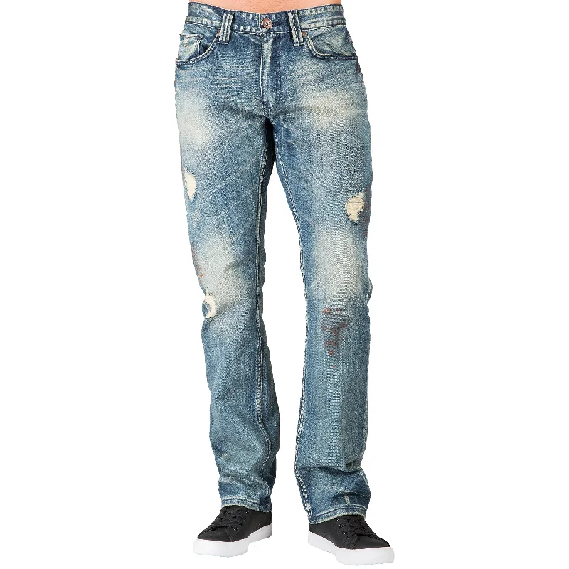 Slim Straight Premium Denim Rip & Tear Signature 5 Pocket Jeans Paint Smudging Sanding