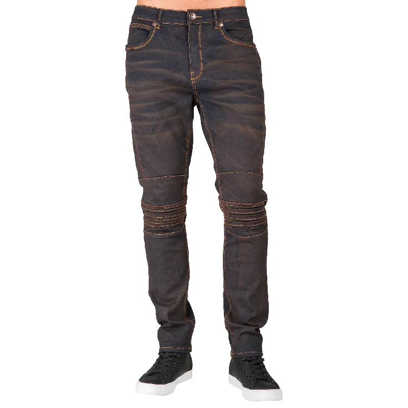 Slim Tapered Leg Premium Knit Denim Moto Jeans Copper Tainted Wash