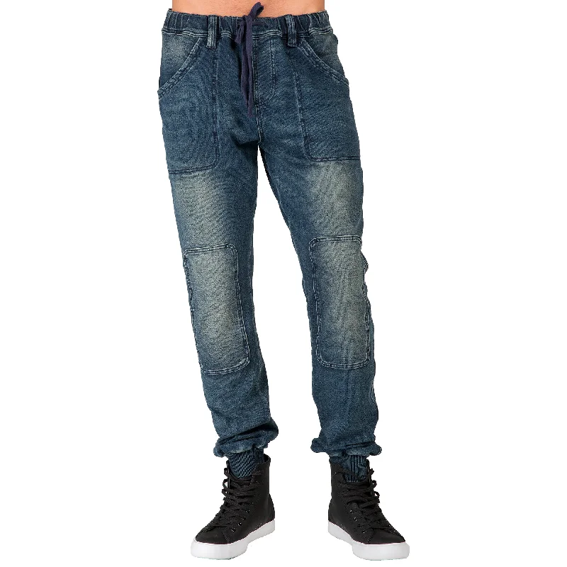 Indigo Premium Knit Denim Jogger Jeans Hand Sanded Knee Patches