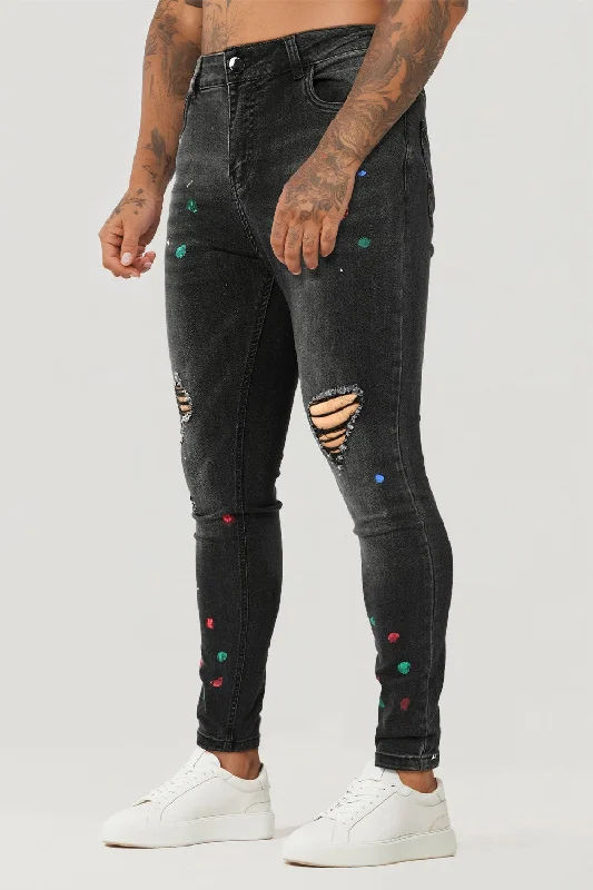 Men's Ripped Knee Skinny Jean - Black & Graffiti