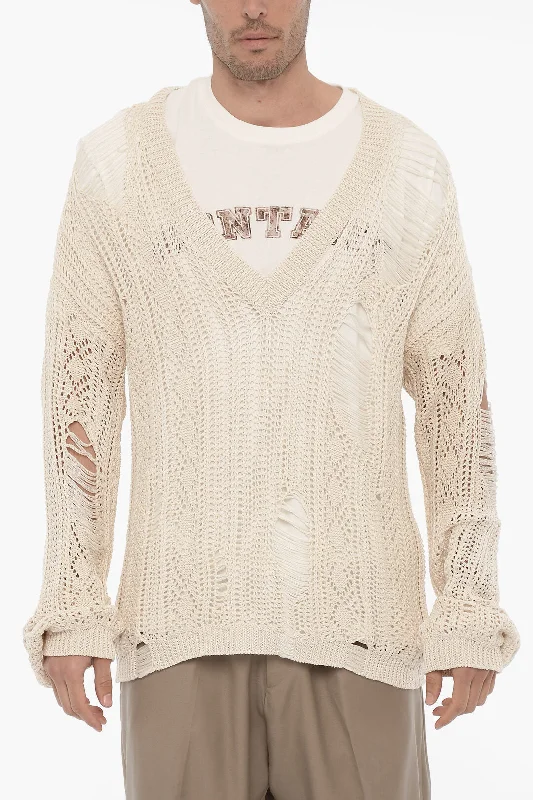 RAMAEL Distressed Effect Perforated V-Neck Sweater