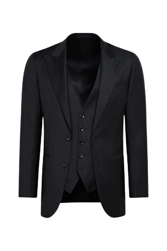 Black Wool Peak Lapel Single Breasted 3-Piece Suit