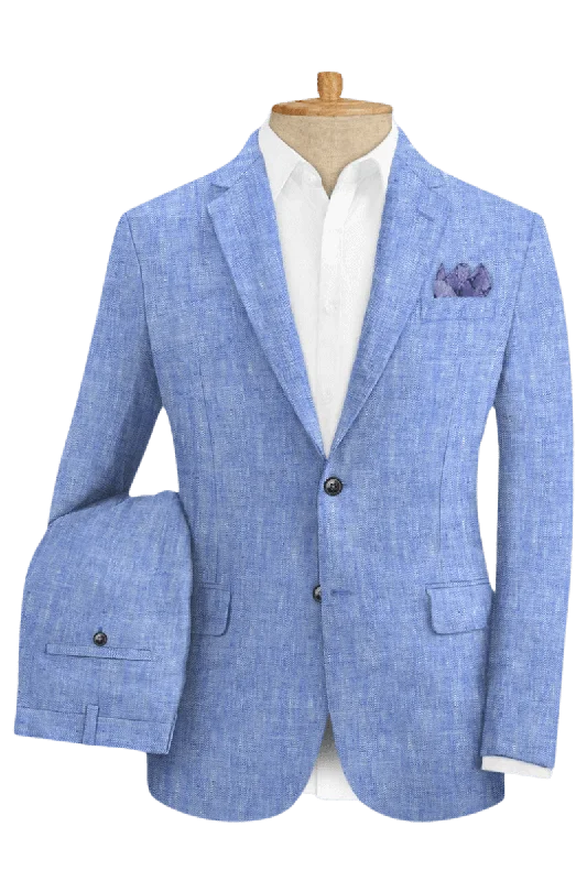 Blue Solid 2-Button Linen Suit