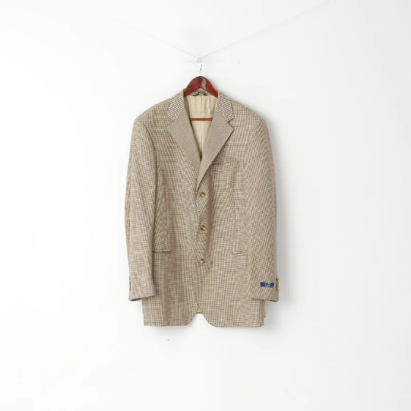 T. Harris London Men 44 L Blazer Beige Houndstooth Check Single Breasted Jacket