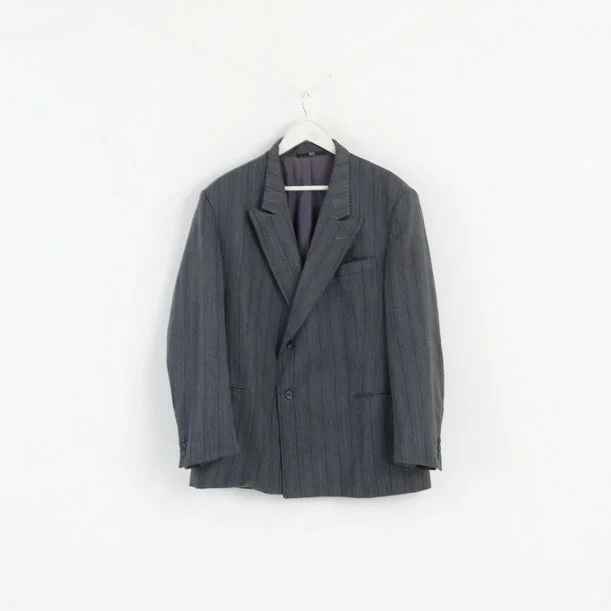 Royce Men 52 Blazer Grey Striped Wool Blend Single Breasted Vintage Jacket