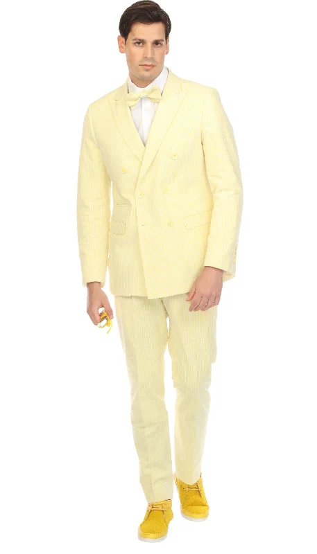 Ferrecci Cotton Slim fit Yellow Double Breasted Peak Lapel 6 Button Seersucker Suit With Ticket Pocket( Vest Optional )