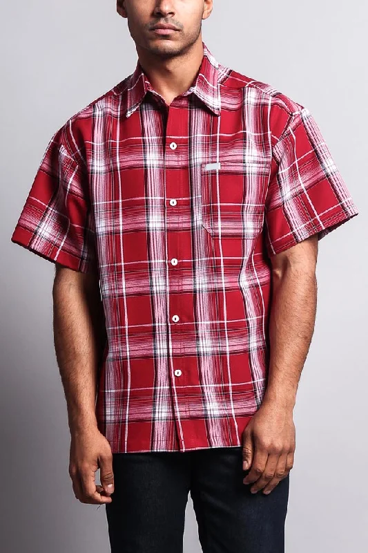 Western Casual Plaid Short Sleeve Button Up Shirt (Red)