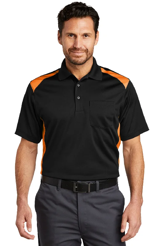 CornerStone Mens Select Moisture Wicking Short Sleeve Polo Shirt w/ Pocket - Black/Shock Orange