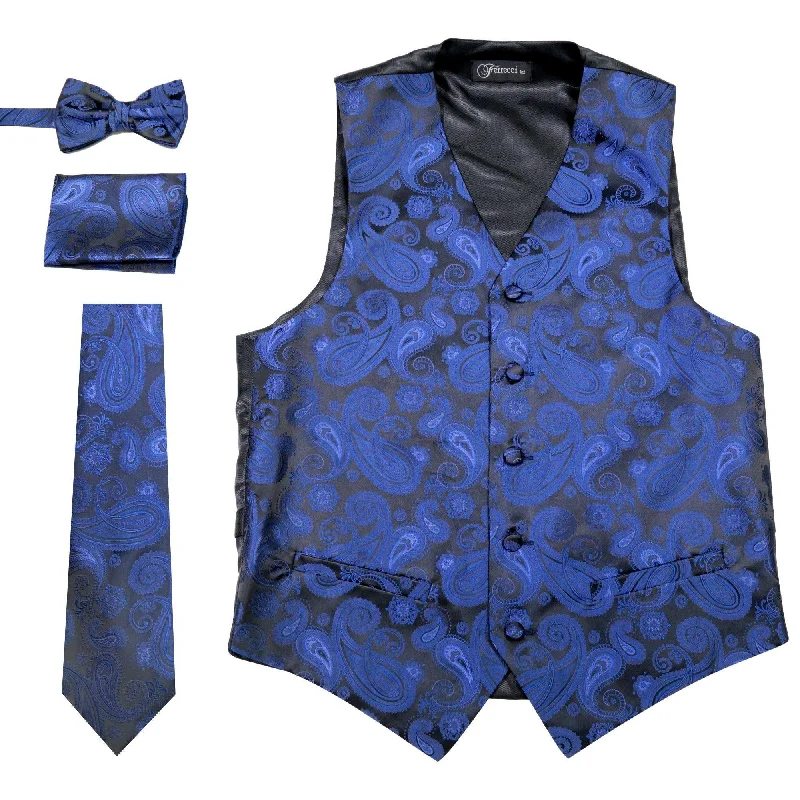 Ferrecci Mens Blue/Black Paisley Wedding Prom Grad Choir Band 4pc Vest Set