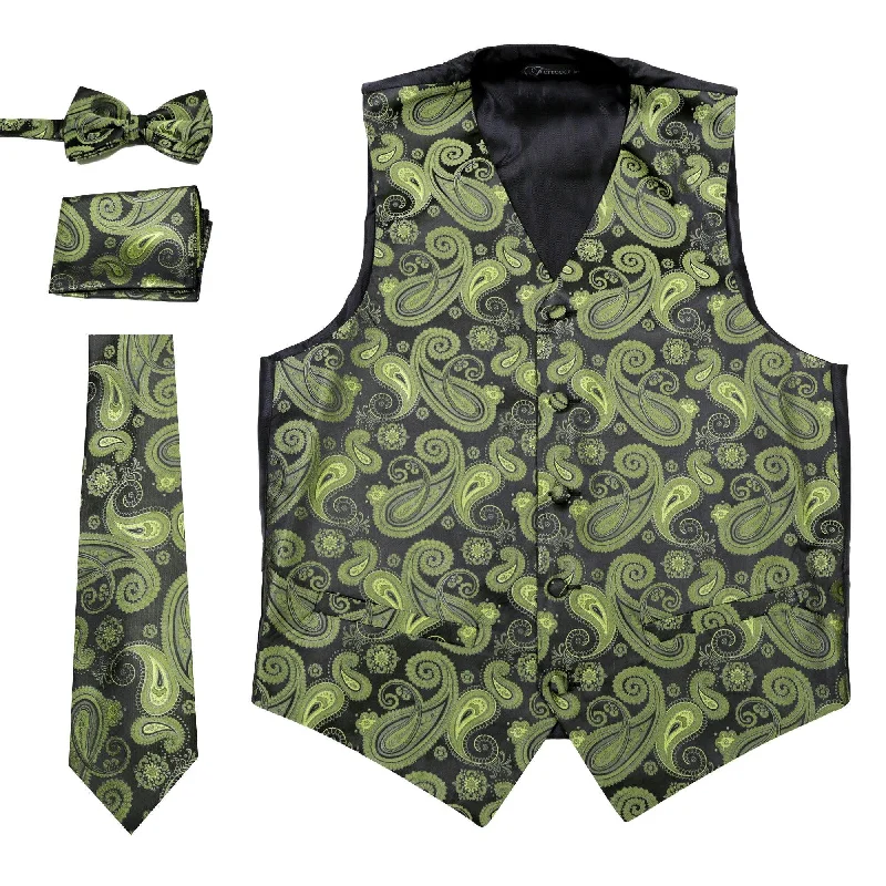 Ferrecci Mens Green/Black Paisley Wedding Prom Grad Choir Band 4pc Vest Set