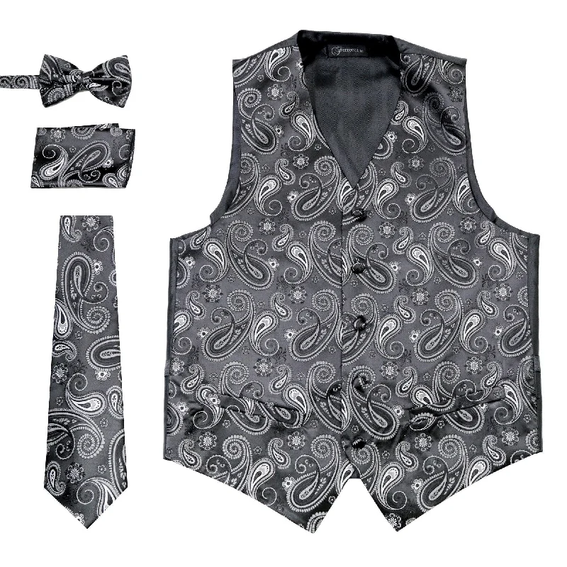 Ferrecci Mens Silver/Black Paisley Wedding Prom Grad Choir Band 4pc Vest Set