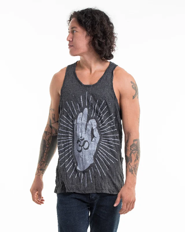 Mens Hand of Om Tank Top in Silver on Black