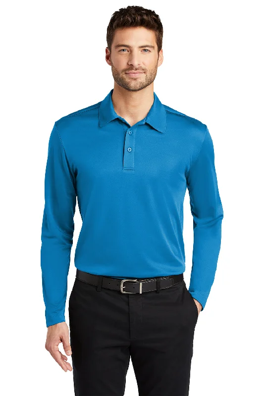 Port Authority Mens Silk Touch Performance Moisture Wicking Long Sleeve Polo Shirt - Brilliant Blue