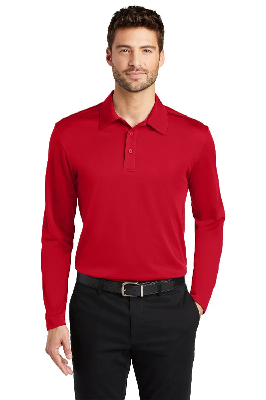 Port Authority Mens Silk Touch Performance Moisture Wicking Long Sleeve Polo Shirt - Red