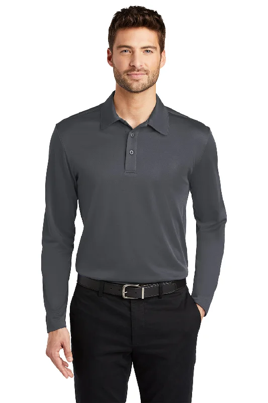 Port Authority Mens Silk Touch Performance Moisture Wicking Long Sleeve Polo Shirt - Steel Grey