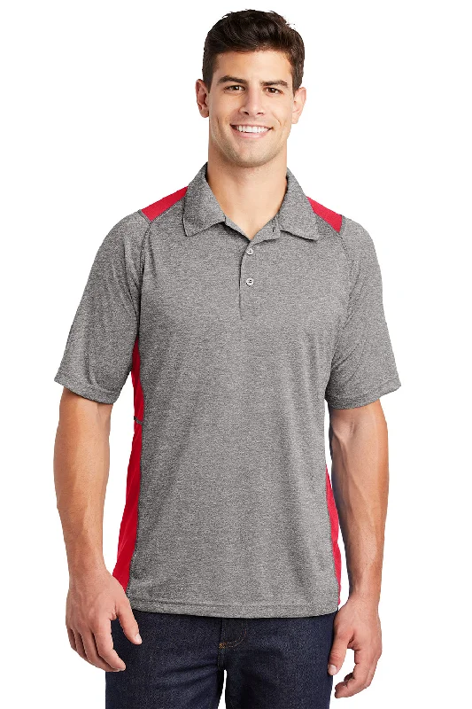 Sport-Tek Mens Heather Contender Moisture Wicking Short Sleeve Polo Shirt - Heather Vintage Grey/True Red