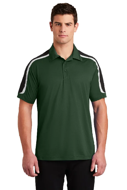 Sport-Tek Mens Sport-Wick Moisture Wicking Short Sleeve Polo Shirt - Forest Green/Black/White