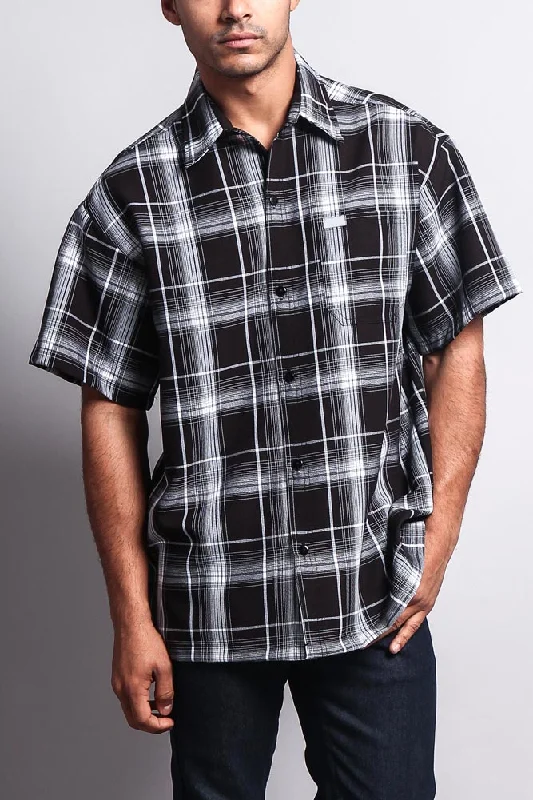 Western Casual Plaid Short Sleeve Button Up Shirt (Black)