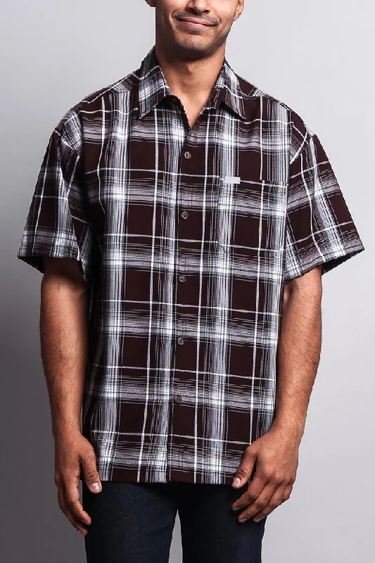 Western Casual Plaid Short Sleeve Button Up Shirt (Brown)