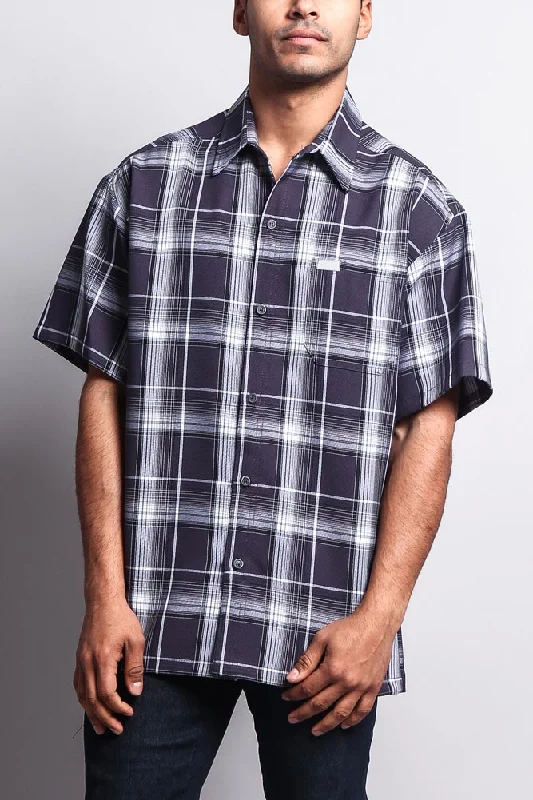 Western Casual Plaid Short Sleeve Button Up Shirt (Charcoal)