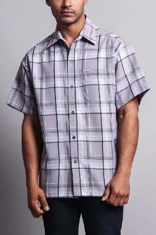 Western Casual Plaid Short Sleeve Button Up Shirt (Grey)