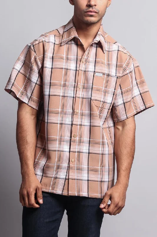 Western Casual Plaid Short Sleeve Button Up Shirt (Khaki)