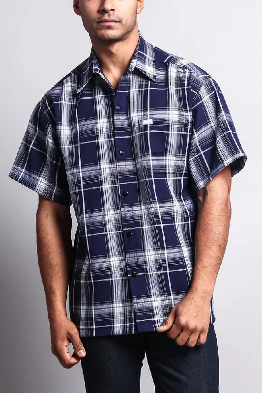 Western Casual Plaid Short Sleeve Button Up Shirt (Navy)