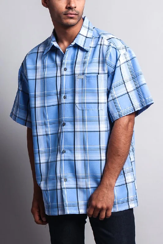 Western Casual Plaid Short Sleeve Button Up Shirt (Sky)