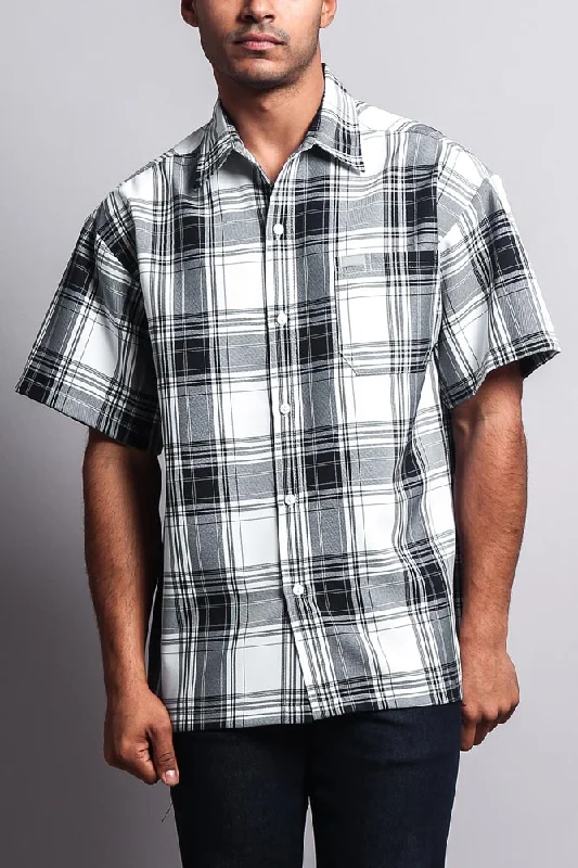 Western Casual Plaid Short Sleeve Button Up Shirt (White/Black)