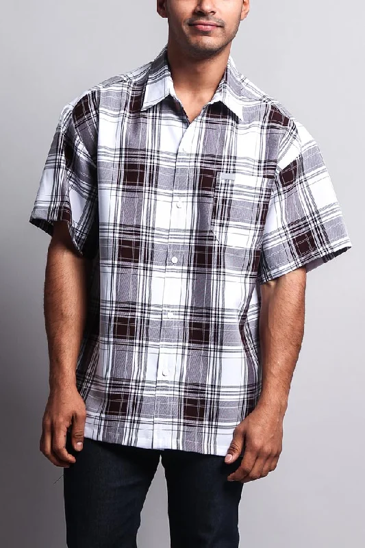 Western Casual Plaid Short Sleeve Button Up Shirt (White/Brown)