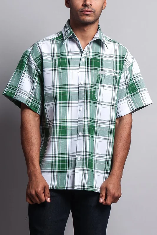 Western Casual Plaid Short Sleeve Button Up Shirt (White/Green)