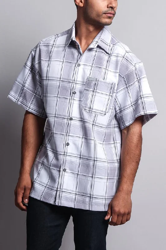 Western Casual Plaid Short Sleeve Button Up Shirt (White/Grey)