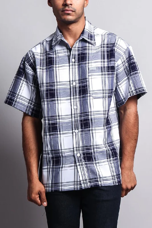 Western Casual Plaid Short Sleeve Button Up Shirt (White/Navy)