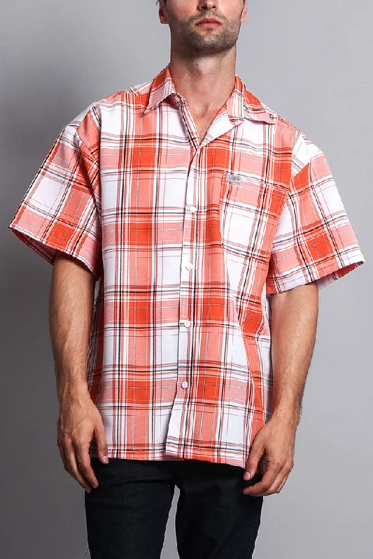 Western Casual Plaid Short Sleeve Button Up Shirt (White/Orange)