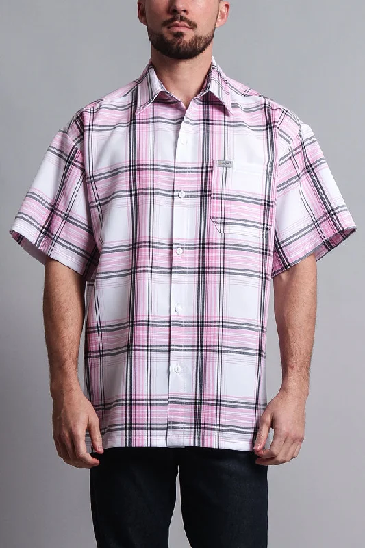 Western Casual Plaid Short Sleeve Button Up Shirt (White/Pink)