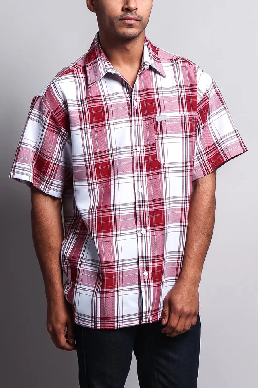 Western Casual Plaid Short Sleeve Button Up Shirt (White/Red)