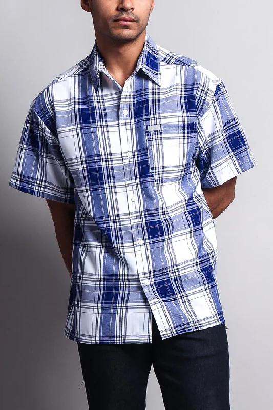 Western Casual Plaid Short Sleeve Button Up Shirt (White/Royal)