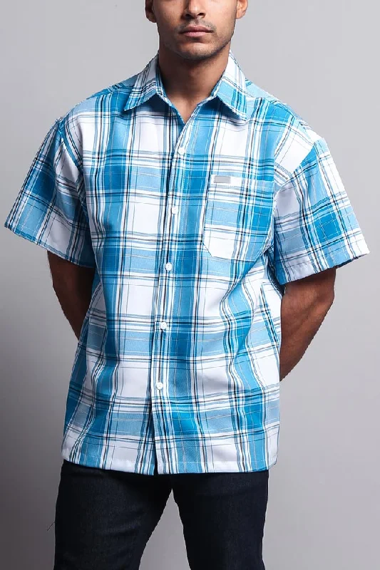 Western Casual Plaid Short Sleeve Button Up Shirt (White/Turquoise)