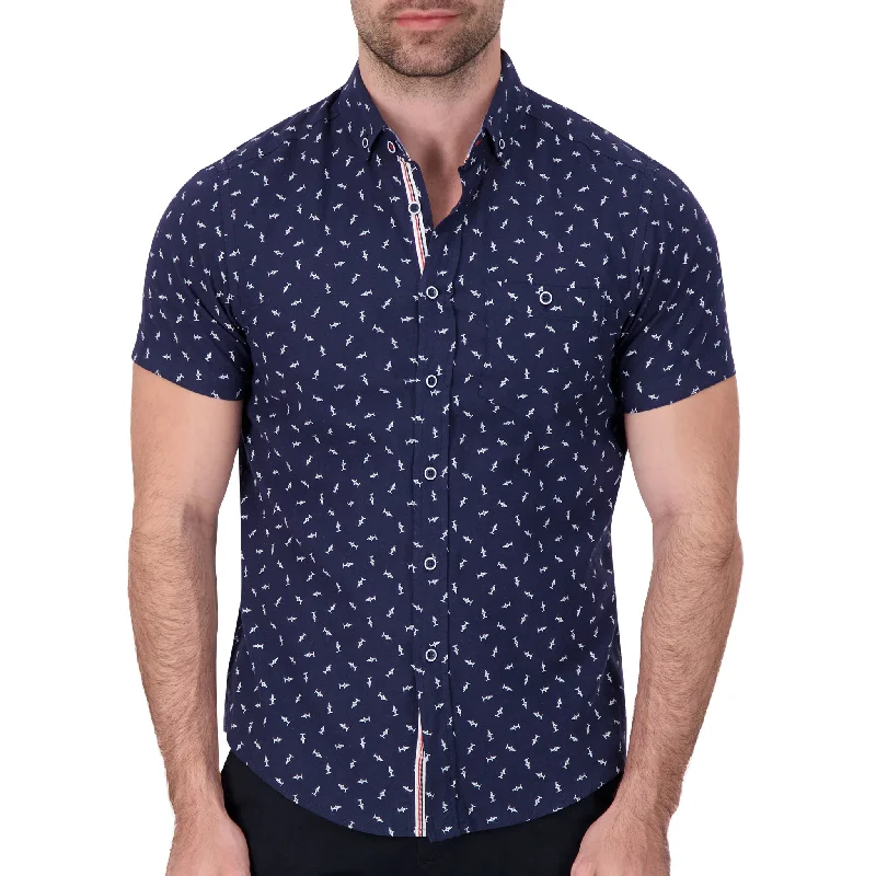 Timeless Contemporary Short Sleeve Linen Blend Shirt with Shark Print in Navy
